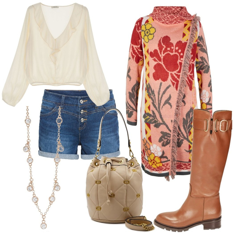 Outfit donna - Total look #1760815. Stile Boho per Tutti i giorni. Abbinamento con shorts, cardigans, collane, stivali, camicie, borse a spalla.