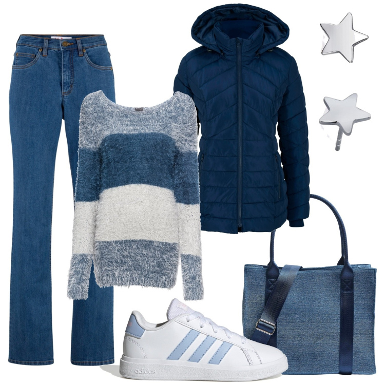 Outfit donna - Jeans che passione!. Stile Casual per Tutti i giorni. Abbinamento con giacche, maglieria, jeans, shopping bag, orecchini, sneakers.