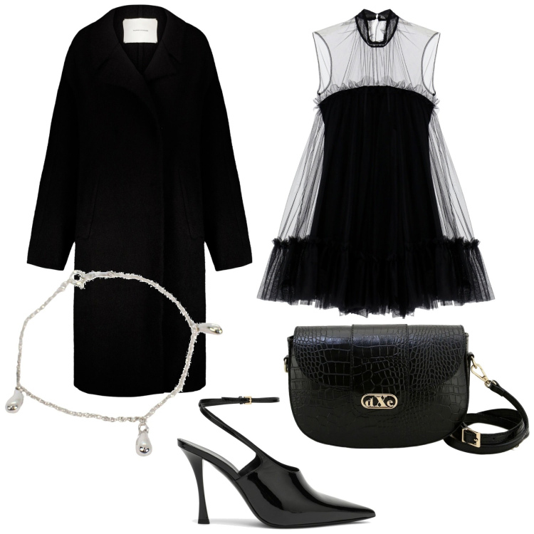 Outfit donna - Trasparenze sexy sotto al cappotto. Stile Sexy per Serata fuori. Abbinamento con braccialetti, vestiti corti, pochette, cappotti, scarpe col tacco.