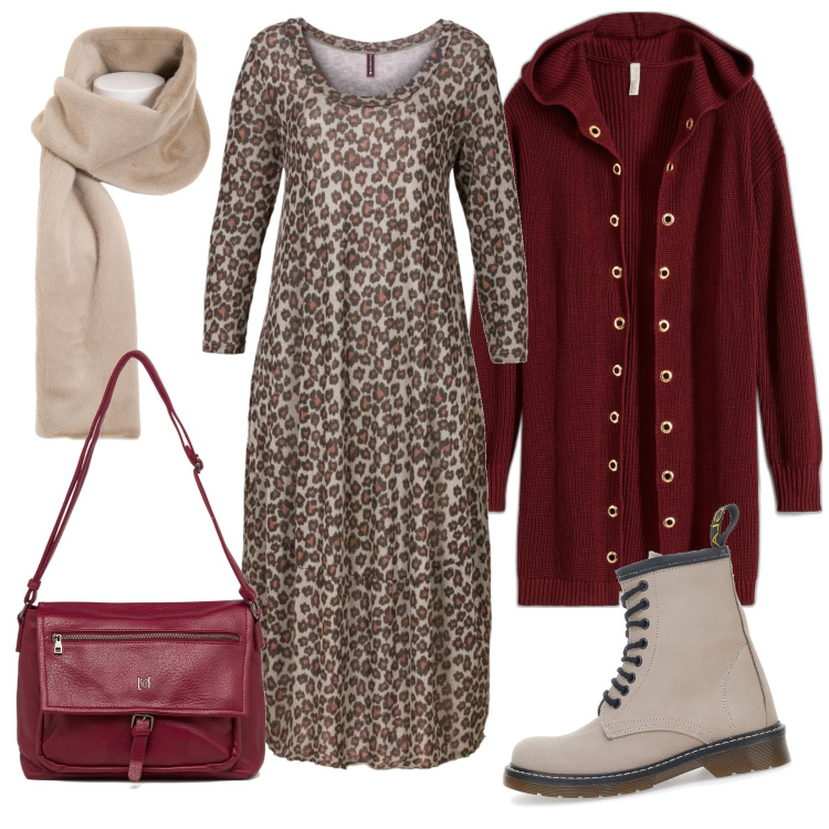 Outfit donna - Anfibi. Stile Casual per Tutti i giorni. Abbinamento con vestiti midi/longuette, cardigans, foulard, borse a tracolla, anfibi.