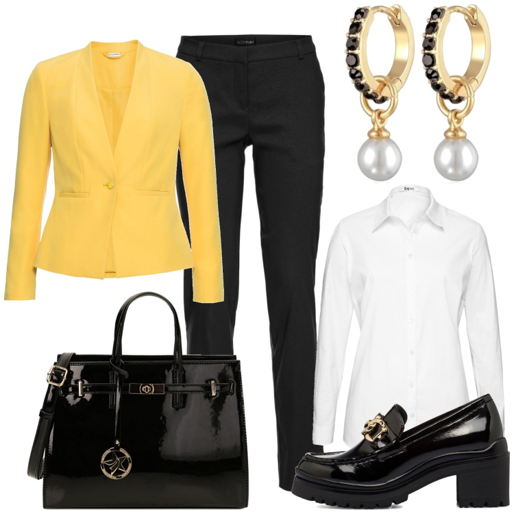Outfit donna - Look ufficio. Stile Casual per Ufficio. Abbinamento con blazer, camicie, pantaloni, borse a mano, mocassini, orecchini.