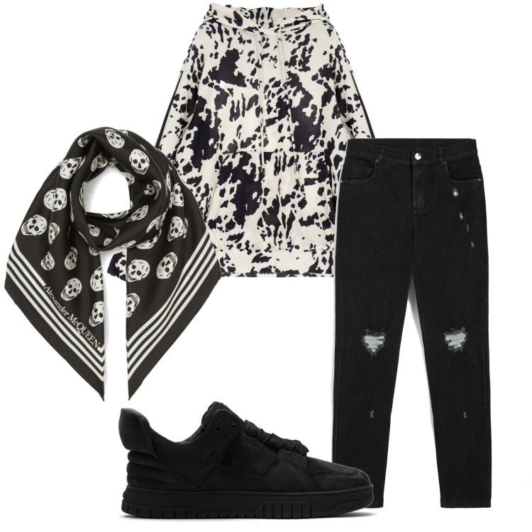 Outfit donna - Total look #1760915. Stile Urban per Tutti i giorni. Abbinamento con felpe con cappuccio, jeans skinny, sneakers, foulard.