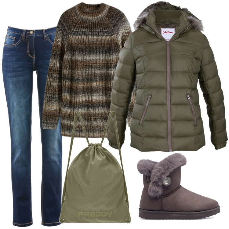 Outfit donna - In verde nel bosco per castagne. Stile Minimal per Tutti i giorni. Abbinamento con jeans dritti, piumini, maglieria, zaini, stivaletti.