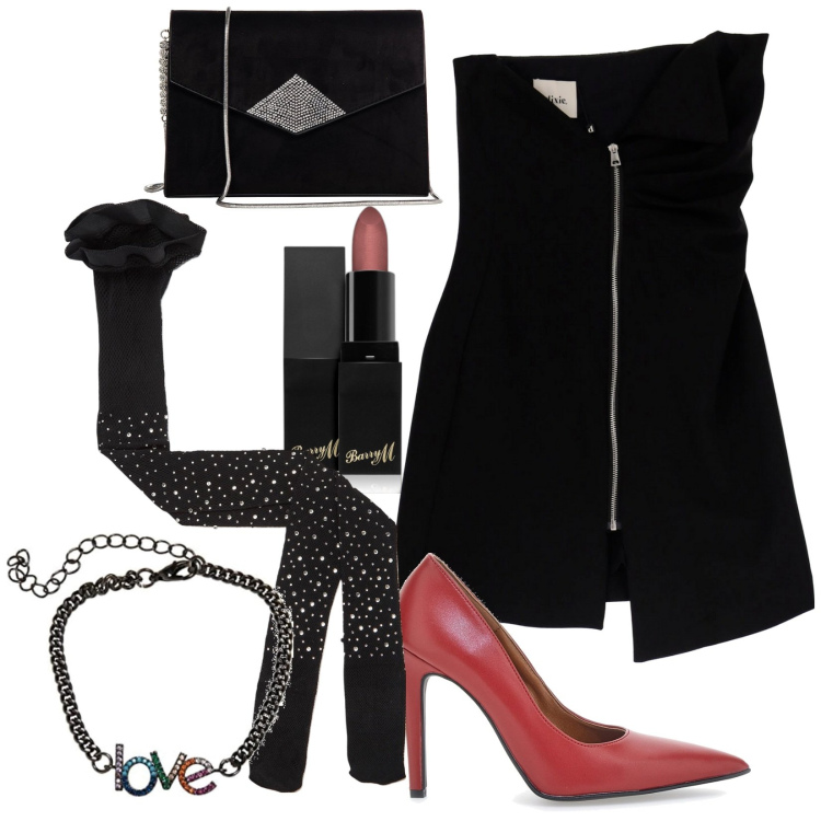 Outfit donna - Trendy e sexy. Stile Sexy per Serata fuori. Abbinamento con rossetti, collant, pochette, vestiti corti, décolleté, braccialetti.