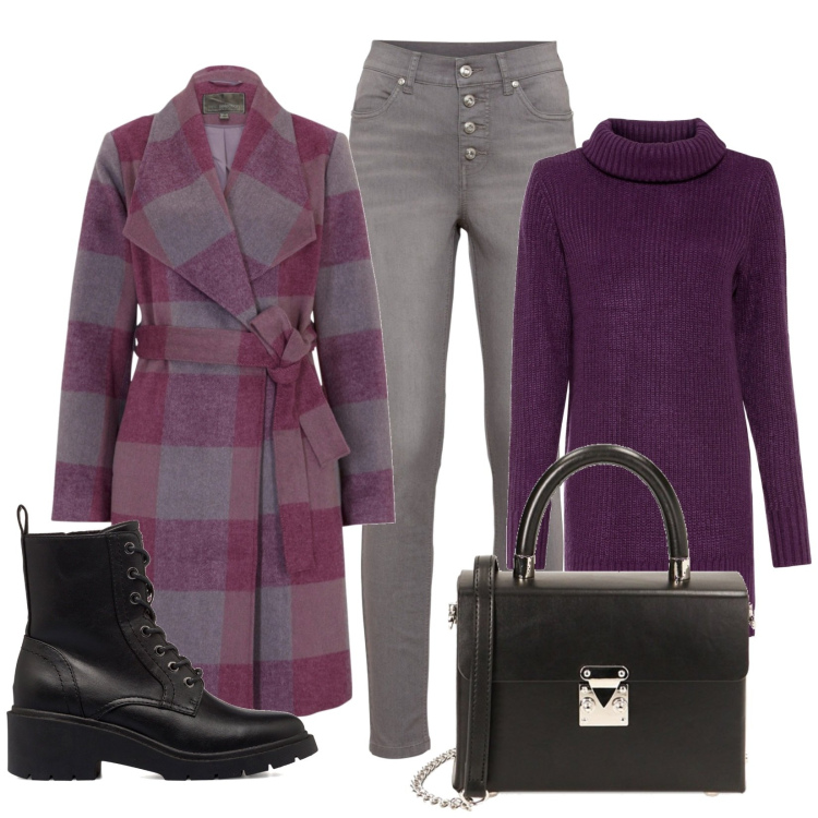 Outfit donna - Particolare. Stile Basic per Tutti i giorni. Abbinamento con maglieria, cappotti, jeans, borse a spalla, anfibi.