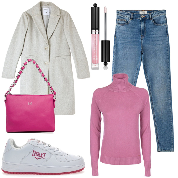 Outfit donna - Be Positive. Stile Sporty chic per Tutti i giorni. Abbinamento con gloss, jeans skinny, cappotti, maglieria, borse a tracolla, sneakers.