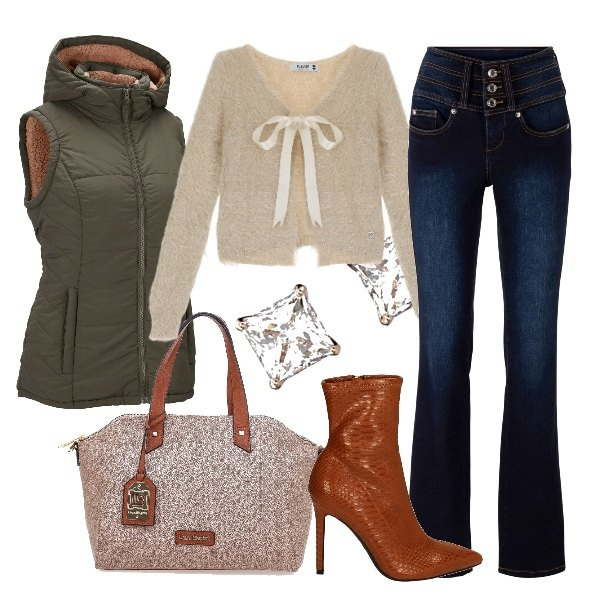 Outfit donna - Il Cardigan Please con fiocco. Stile Trendy per Tutti i giorni. Abbinamento con jeans bootcut, gilet, cardigans, stivaletti, orecchini, borse a mano.