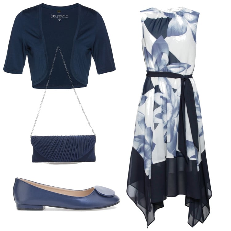Outfit donna - Cerimonia in blu. Stile Casual chic per Cerimonia. Abbinamento con blazer, vestiti, pochette, ballerine.