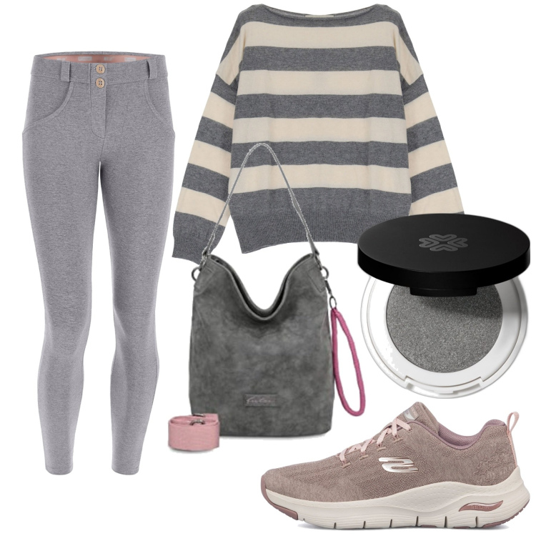 Outfit donna - Pullover a righe. Stile Casual per Tutti i giorni. Abbinamento con ombretti, pantaloni skinny, sneakers, pullovers, ciondoli.