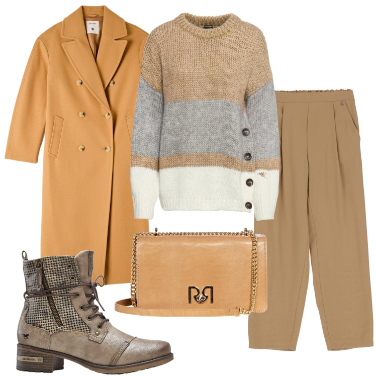 Outfit donna - Beige d\'inverno. Stile Casual per Tutti i giorni. Abbinamento con maglieria, stivaletti, cappotti, borse a tracolla, pantaloni.