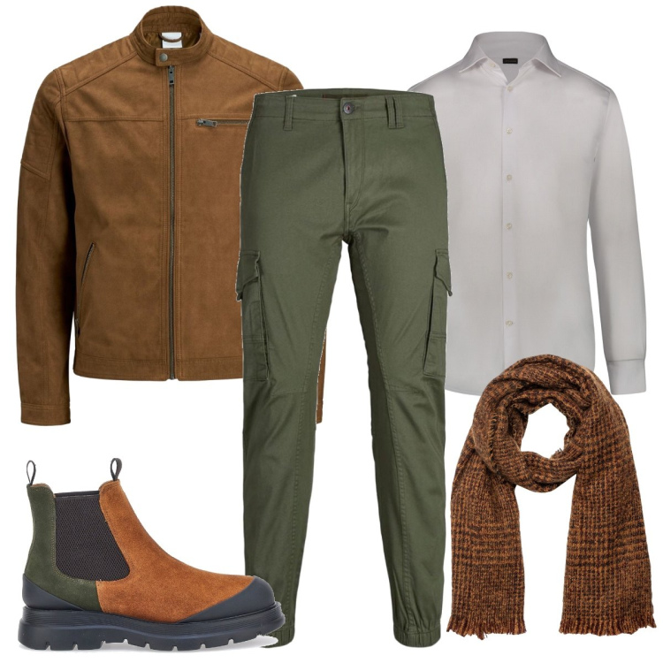 Outfit uomo - Pomeriggio di sole in autunno. Stile Trendy per Tutti i giorni. Abbinamento con sciarpe, camicie, pantaloni cargo, cappotti, stivali e stivaletti.