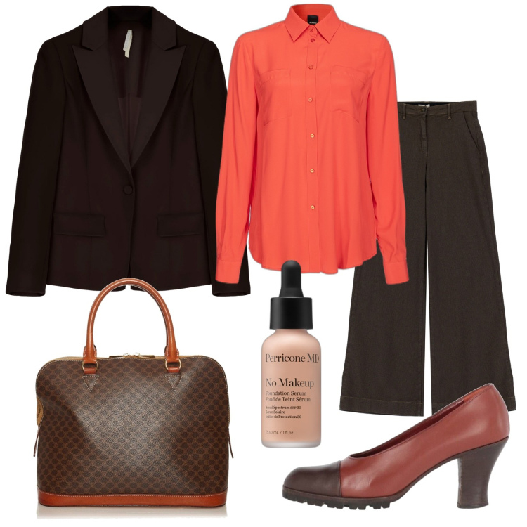 Outfit donna - Pronta per il congresso. Stile Mannish per Ufficio. Abbinamento con décolleté, borse a mano, fondotinta, camicie, giacche, pantaloni a palazzo.