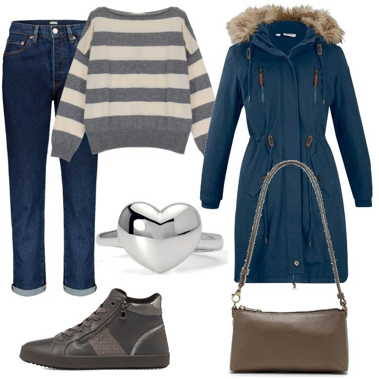 Outfit donna - tortora e jeans. Stile Casual per Tutti i giorni. Abbinamento con parka, anelli, pullovers, sneakers alte, borse a spalla, jeans.