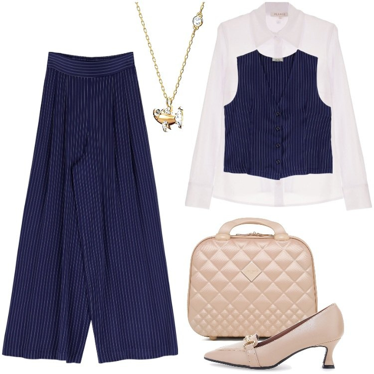 Outfit donna - Pre Black Friday - Novembre. Stile Chic per Serata fuori. Abbinamento con camicie, pantaloni a palazzo, gilet, valigie, décolleté, ciondoli.