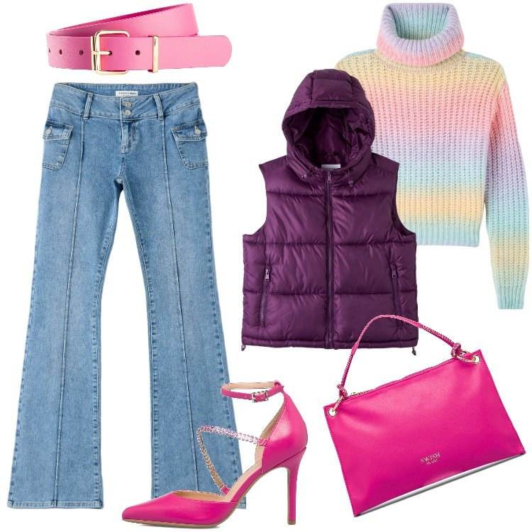 Outfit donna - Pre Black Friday - Novembre. Stile Sporty chic per Tutti i giorni. Abbinamento con cinture, jeans a zampa, maglieria, piumini, décolleté, borse a mano.
