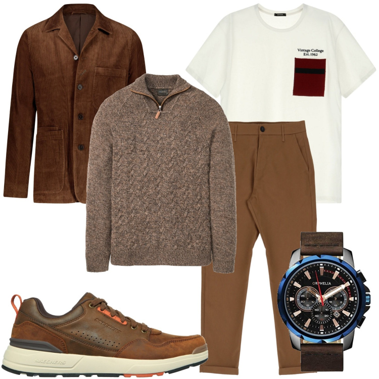 Outfit uomo - una giornata marrone. Stile Trendy per Tutti i giorni. Abbinamento con maglieria, pantaloni, t-shirt, giacche, scarpe stringate, orologi.