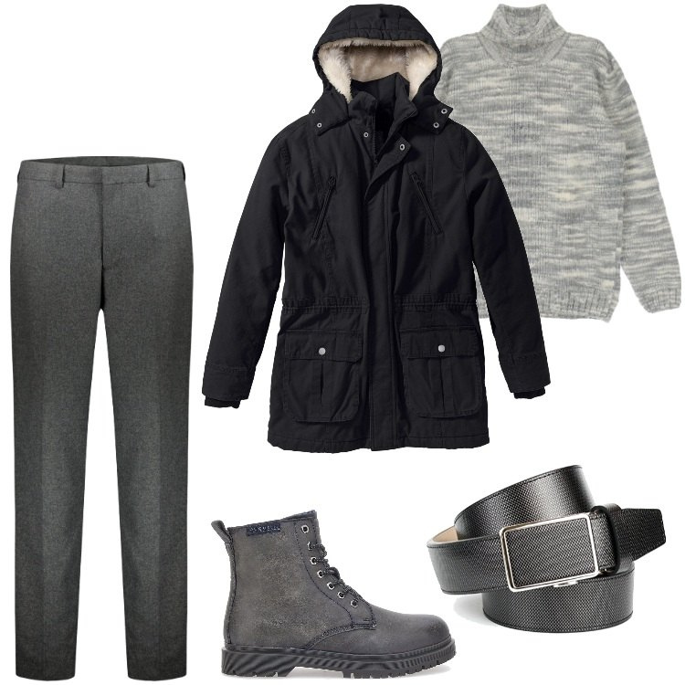 Outfit uomo - Giornata Grigia - Novembre. Stile Urban per Ufficio. Abbinamento con parka, maglieria, pantaloni, cinture, anfibi.