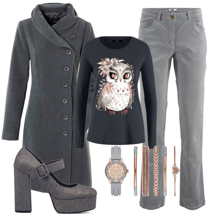 Outfit donna - Gufetta. Stile Minimal per Tutti i giorni. Abbinamento con cappotti, pantaloni, maglieria, décolleté, orologi.