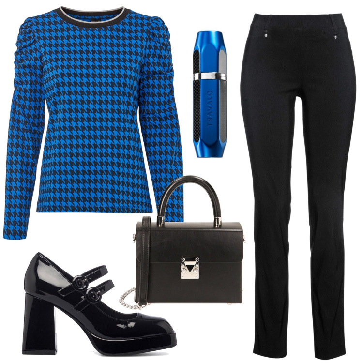 Outfit donna - Blu elettrico. Stile Glamour per Tutti i giorni. Abbinamento con pantaloni, maglieria, profumi, borse a spalla, décolleté.