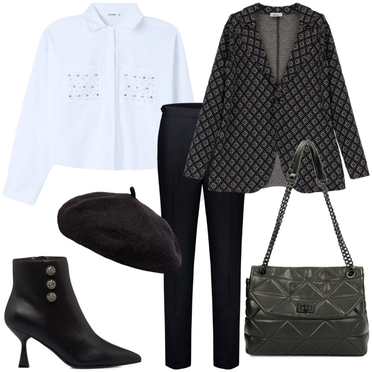 Outfit donna - Total look #1761277. Stile Casual per Serata fuori. Abbinamento con camicie, borse a spalla, cappotti, stivaletti, pantaloni, cappelli e berretti.