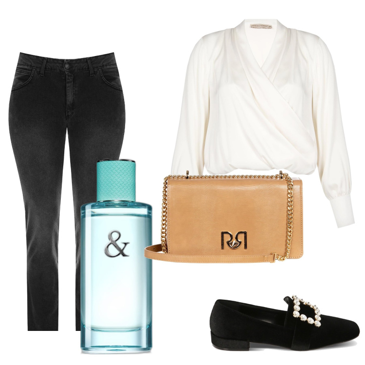 Outfit donna - Il pullover del cuore. Stile Casual per Ufficio. Abbinamento con profumi, bluse, jeans, borse a tracolla, mocassini.