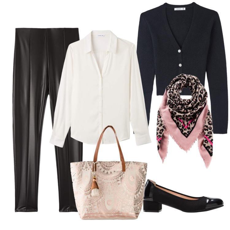 Outfit donna - Bantoa single’s day. Stile Casual chic per Ufficio. Abbinamento con foulard, décolleté, shopping bag, camicie, cardigans, leggings.