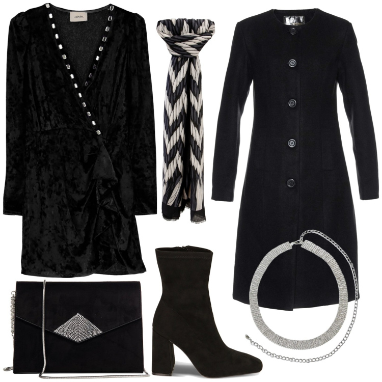 Outfit donna - Total black per un\'occasione elegante. Stile Glamour per Serata fuori. Abbinamento con cappotti, cinture, pochette, foulard, stivaletti, vestiti.