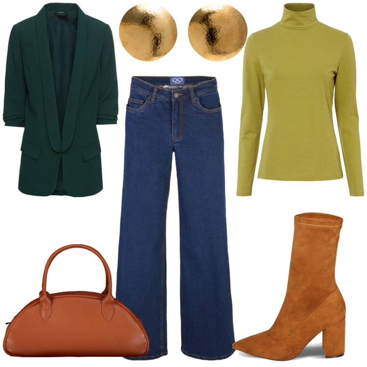 Outfit donna - Verde2. Stile Bon Ton per Ufficio. Abbinamento con blazer, maglieria, jeans, stivaletti, borse a spalla, orecchini.