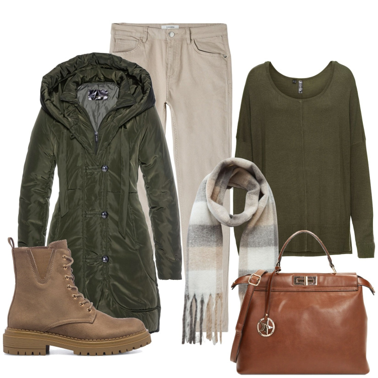 Outfit donna - Colori della terra. Stile Basic per Tutti i giorni. Abbinamento con blazer, maglieria, pantaloni, sciarpe, borse a mano, anfibi.