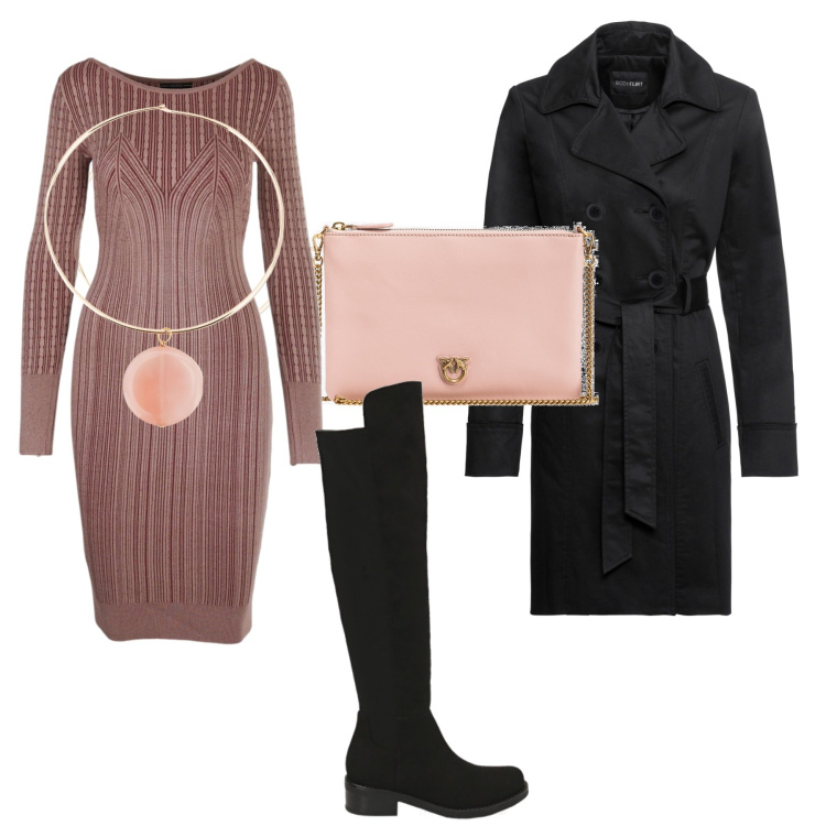 Outfit donna - Stivale sopra il ginocchio. Stile Chic per Serata fuori. Abbinamento con trench, borse a tracolla, stivali sopra il ginocchio, collane, vestiti.