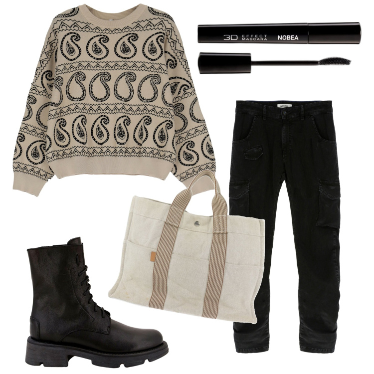 Outfit donna - La felpa fantasia. Stile Trendy per Tutti i giorni. Abbinamento con borse a mano, mascara, pantaloni, maglieria, anfibi.