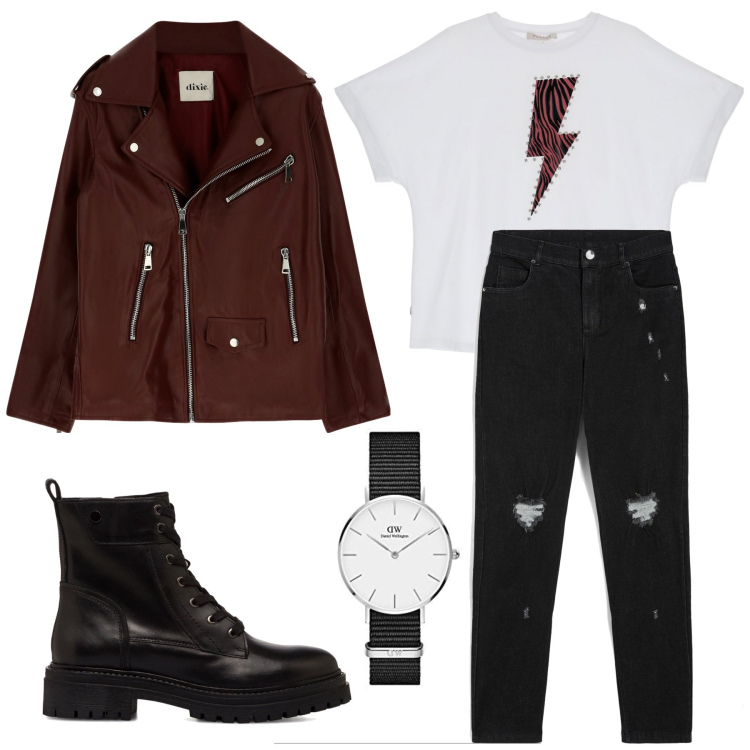 Outfit donna - Rock - Il chiodo bordeaux. Stile Rock per Scuola/Università. Abbinamento con t-shirt, jeans skinny, giacche, anfibi, orologi.
