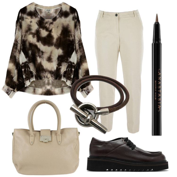 Outfit donna - La Felpa multicolor. Stile Trendy per Tutti i giorni. Abbinamento con braccialetti, borse a mano, eyeliner, felpe, scarpe stringate, pantaloni.