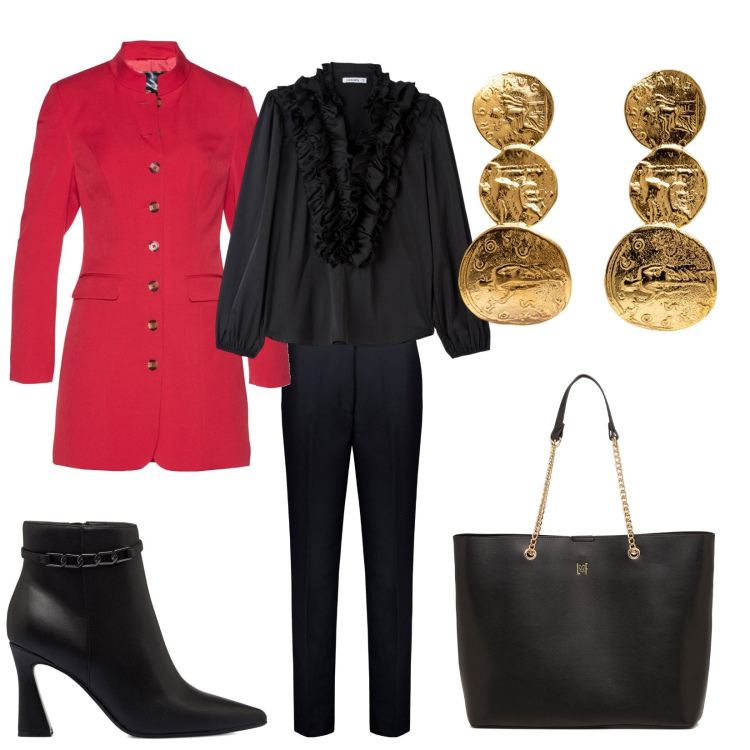 Outfit donna - Total look #1761342. Stile Glamour per Serata fuori. look ideale per Tall. Abbinamento con blazer, camicie, borse a spalla, stivaletti, pantaloni, orecchini.
