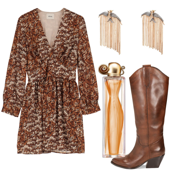 Outfit donna - Total look #1761352. Stile Boho per Tutti i giorni. Abbinamento con profumi, stivali, vestiti corti, orecchini.