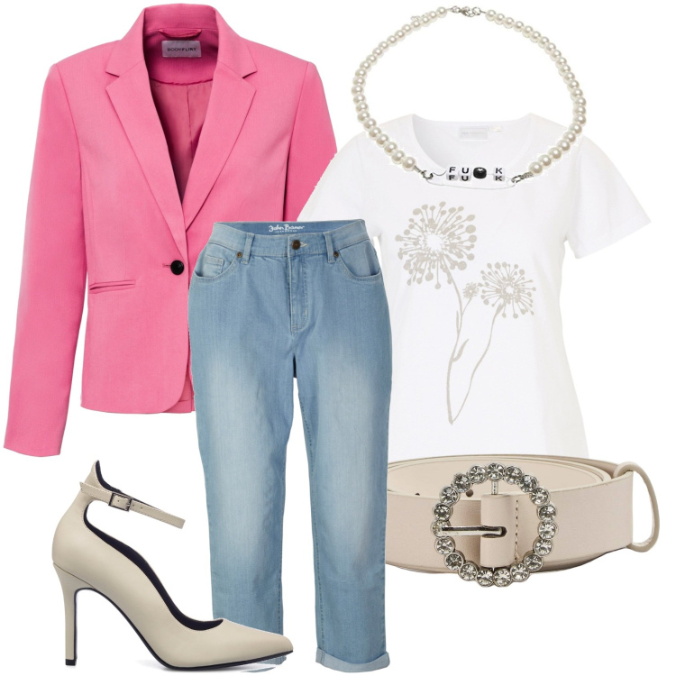 Outfit donna - One of those days. Stile Casual chic per Ufficio. Abbinamento con t-shirt, jeans boyfriend, blazer, cinture, décolleté, collane.
