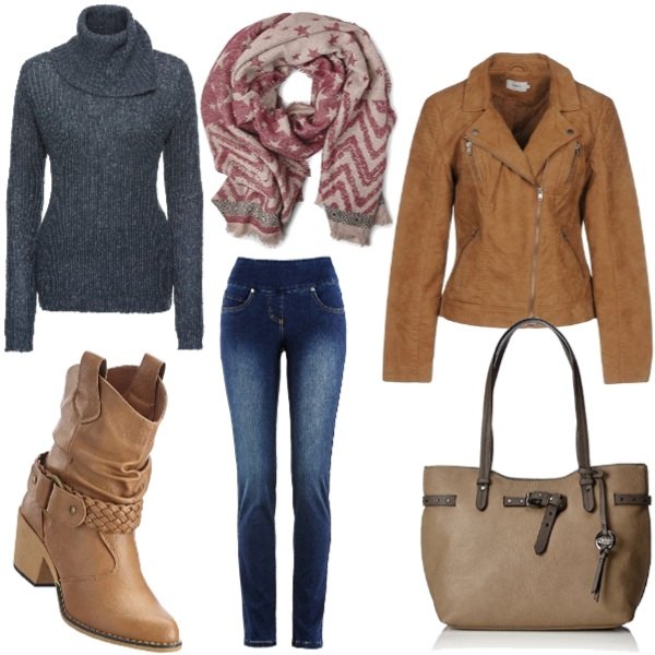 Outfit donna - Trendy #22682. Stile Trendy per Tutti i giorni. Abbinamento con jeans slim fit, pullover collo a dolcevita blu e corda, stivaletti texani, giubbotto a maniche lunghe con zip interno foderato in pelle sintetica tinta unita, borsa tote grigio, sciarpa lunga jacquard.