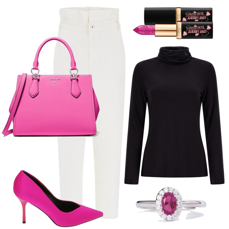 Outfit donna - Pop of color. Stile Casual chic per Tutti i giorni. Abbinamento con rossetti, anelli, jeans, maglieria, décolleté, borse a cartella.