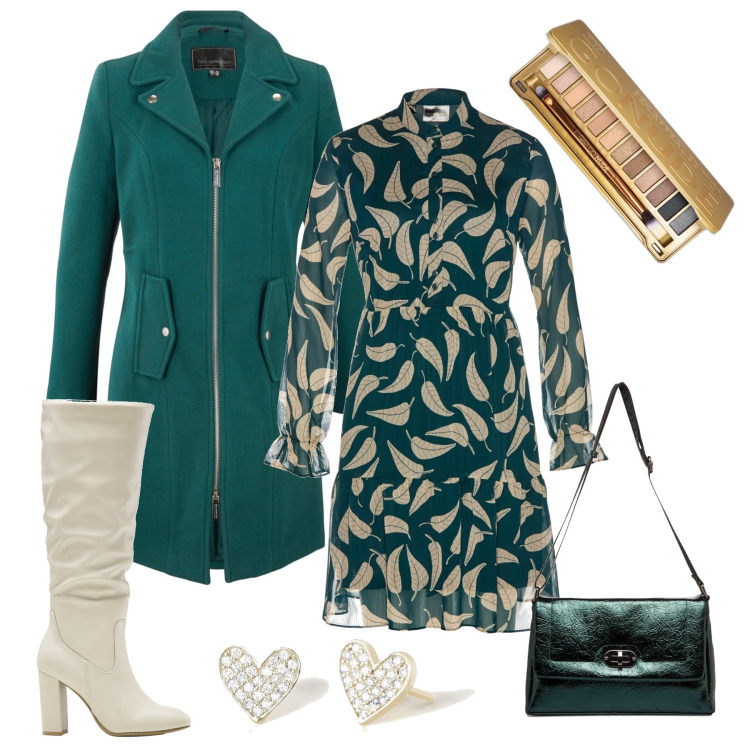 Outfit donna - Di verde vestita. Stile Bon Ton per Serata fuori. Abbinamento con cappotti, vestiti, stivali sopra il ginocchio, ombretti, orecchini, borse a tracolla.
