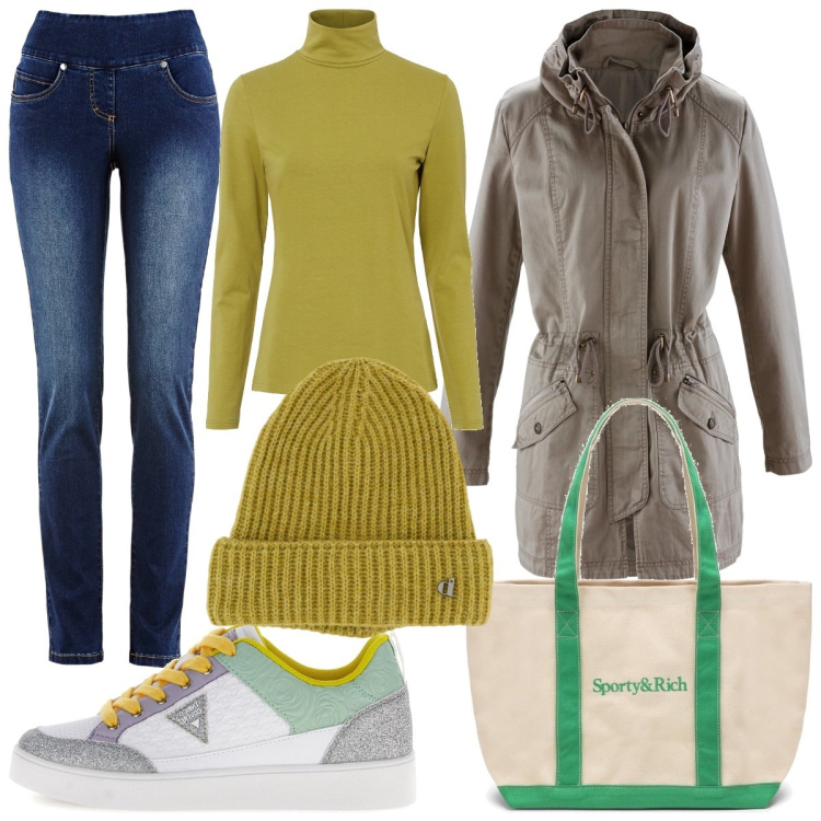 Outfit donna - Verde e verde acido. Stile Casual per Tutti i giorni. Abbinamento con maglieria, jeans, parka, berretti, sneakers, borse tote.