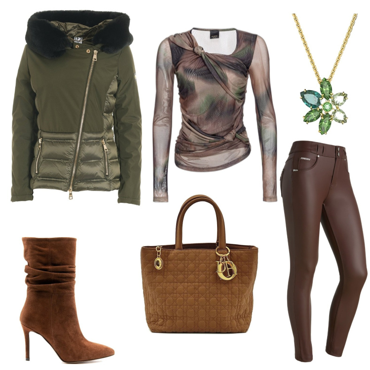 Outfit donna - Colori d\'autunno. Stile Trendy per Ufficio. Abbinamento con borse a mano, maglieria, blazer, stivaletti, pantaloni skinny, ciondoli.