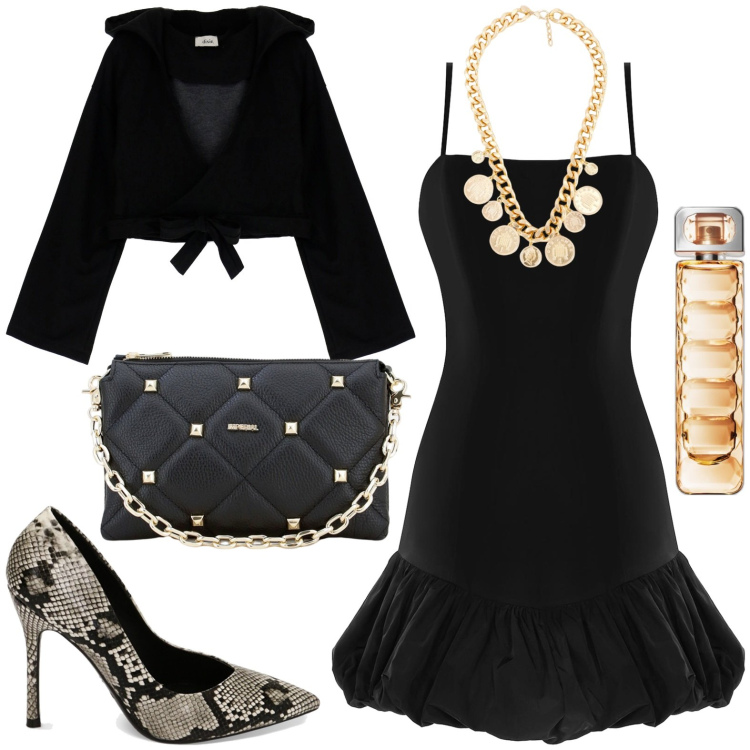 Outfit donna - Serata chic. Stile Chic per Serata fuori. Abbinamento con profumi, vestiti a tubino, pochette, décolleté, maglieria, collane.
