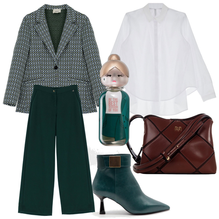 Outfit donna - In ufficio in verdone. Stile Casual chic per Ufficio. Abbinamento con profumi, borse a spalla, camicie, pantaloni a palazzo, blazer, stivaletti.