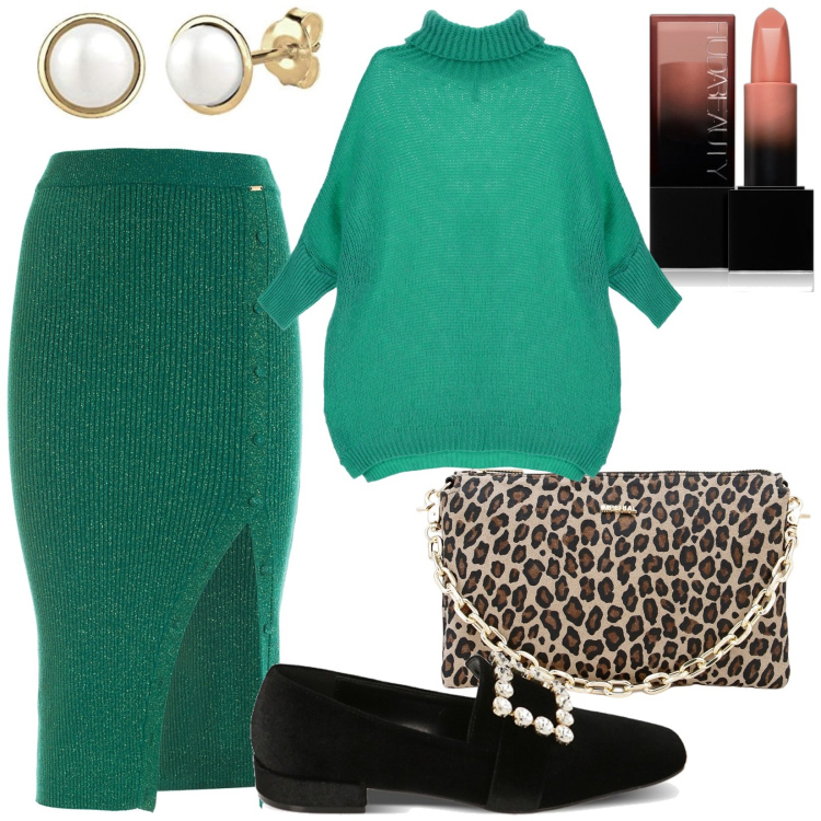 Outfit donna - Con stile e comfort. Stile Casual per Tutti i giorni. Abbinamento con rossetti, gonne longuette, maglieria, pochette, mocassini, orecchini.