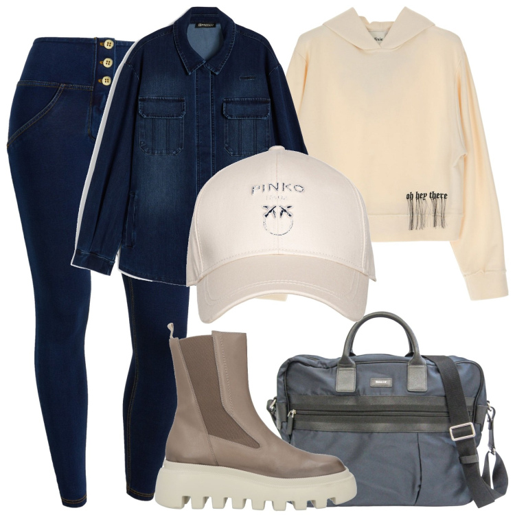 Outfit donna - Total look #1761563. Stile Casual per Tutti i giorni. Abbinamento con stivaletti, borse a mano, cappelli con visiera, jeggings, camicie, felpe con cappuccio.
