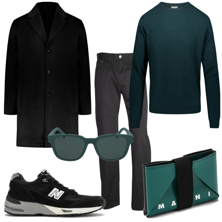 Outfit uomo - Sole a novembre. Stile Trendy per Tutti i giorni. Abbinamento con pantaloni, maglieria, occhiali da sole, cappotti, sneakers alte, portafogli.