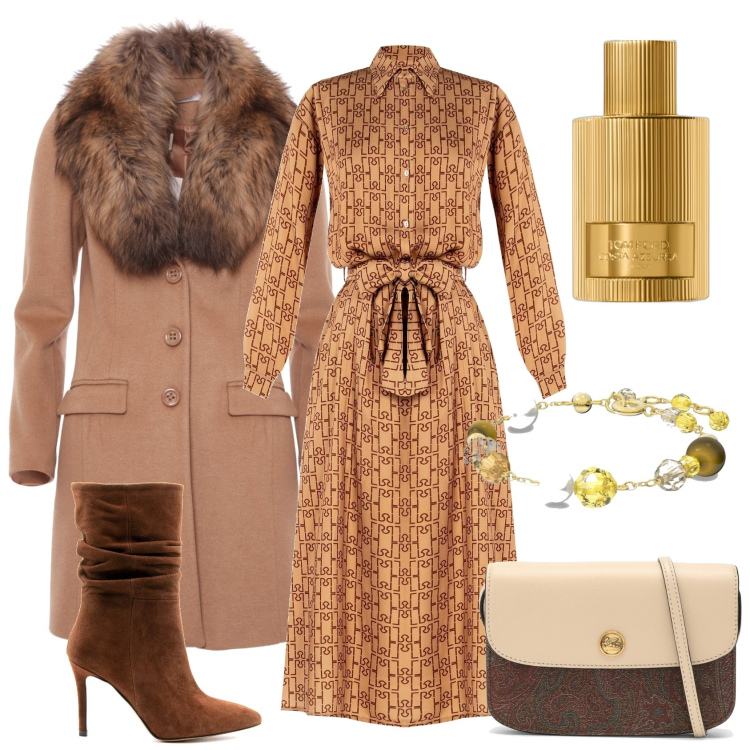 Outfit donna - Chemisier d\'inverno. Stile Chic per Ufficio. Abbinamento con profumi, vestiti chemisier, stivaletti, cappotti, borse a tracolla, braccialetti.
