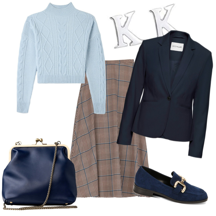 Outfit donna - Piccola Ketty. Stile Casual per Ufficio. Abbinamento con blazer, maglieria, mocassini, gonne longuette, orecchini, clutch.