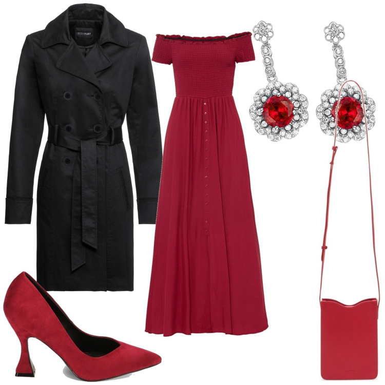 Outfit donna - Serata in rosso e nero. Stile Chic per Serata fuori. Abbinamento con trench, vestiti, décolleté, ciondoli, borse a tracolla.