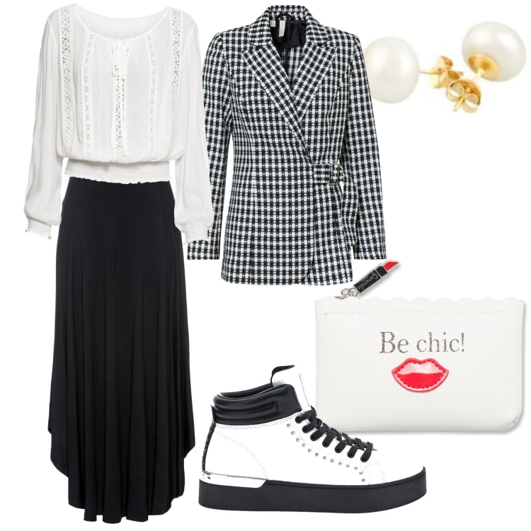 Outfit donna - Total look #1761657. Stile Casual per Cerimonia. Abbinamento con gonne, bluse, blazer, portamonete, sneakers, orecchini.
